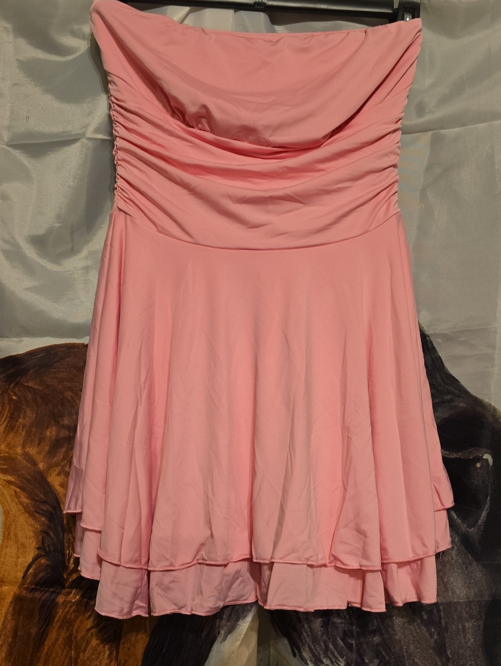 Strapless Pink Ruched Layered Skater Dress